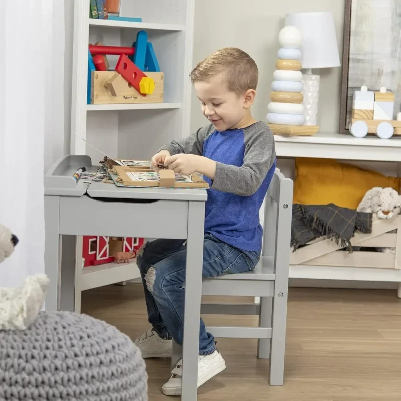 Wooden Lift-Top Desk & Chair - Gray , Grey - Toddler And Kids , For Ages 3+ With Self-Containted Storage And Chair Set