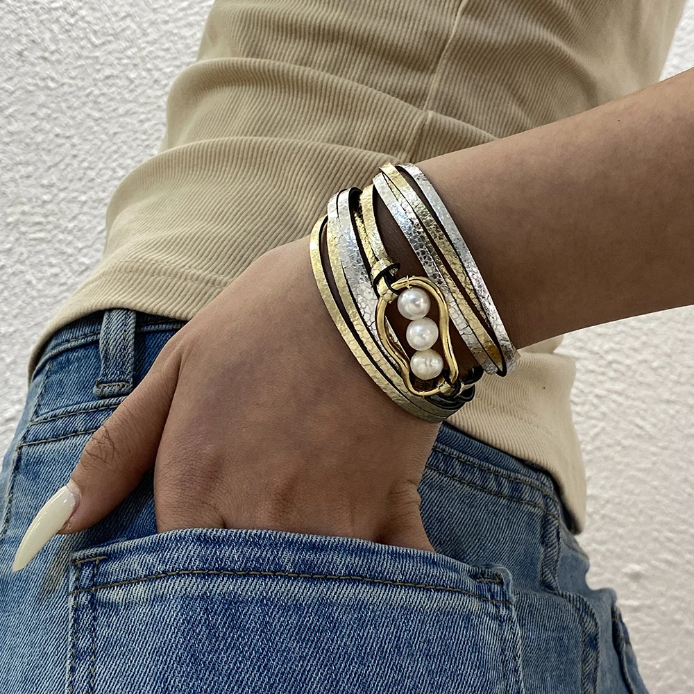 

ALLYES нерегулярный кожаный браслет с жемчугом тыквы, винтажный браслет в стиле бохо, тонкие полоски, многослойный браслет, браслеты, очаровательные ювелирные изделия