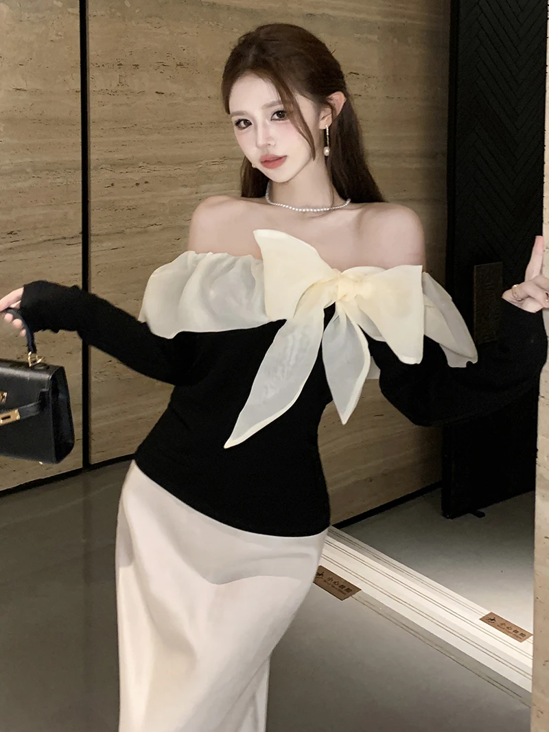 MiiiiX French Elegant Tie Bow Off-shoulder Long-sleeved Cotton T-shirt Slim Patchwork Bottoming Shirt Autumn Women's Clothes