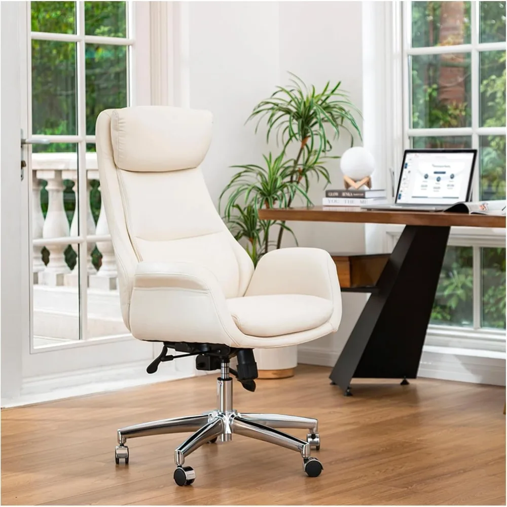 Home High-Back Office Chair Leather Adjustable Swivel Desk Chair with Arms, Cream