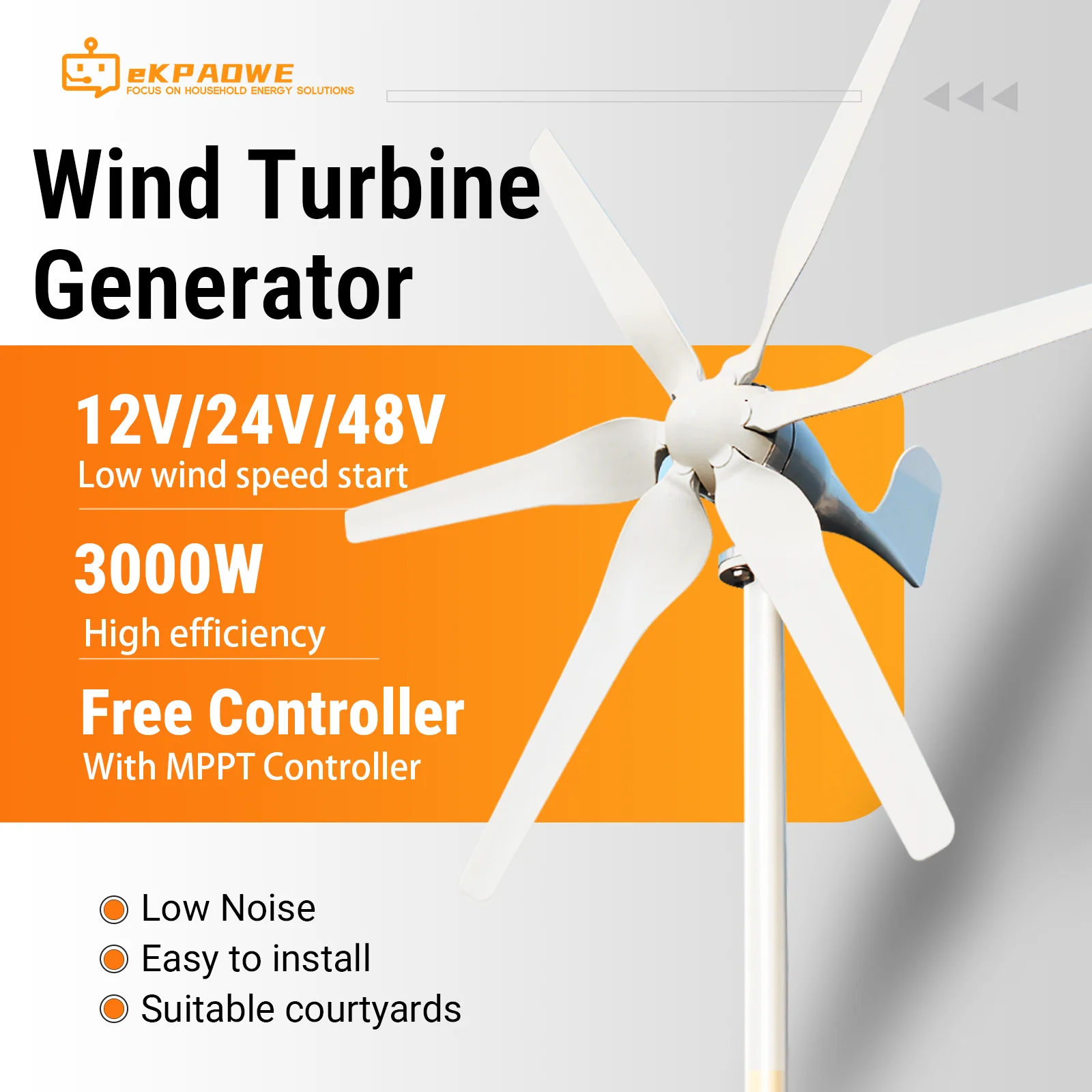 Image of 3000W Horizontale Windturbine mit kostenlosem Wind-MPPT-Controller, hocheffizientes Off-Grid-System, 12V 24V 48V Hausstromversorgungssystem