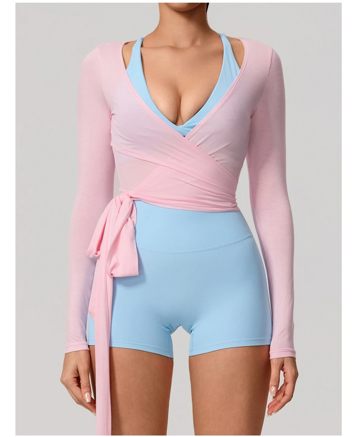 Neues Sommer-Damen-Yoga-Langarm-Einteiler-Oberteil mit Trägern – Premium-Ballett-Wrap-Top für Damen – Sport-Top für das Training – Detail 21