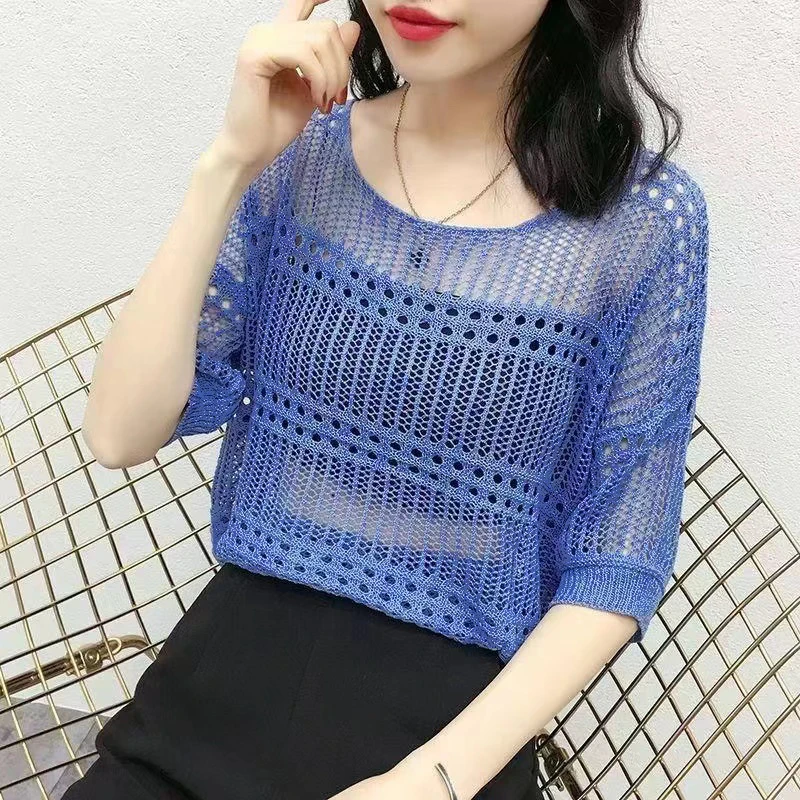 Leisure, Elegant, Sexy 2024 Spring Hollow Round Neck Short Sleeve Knitted Top