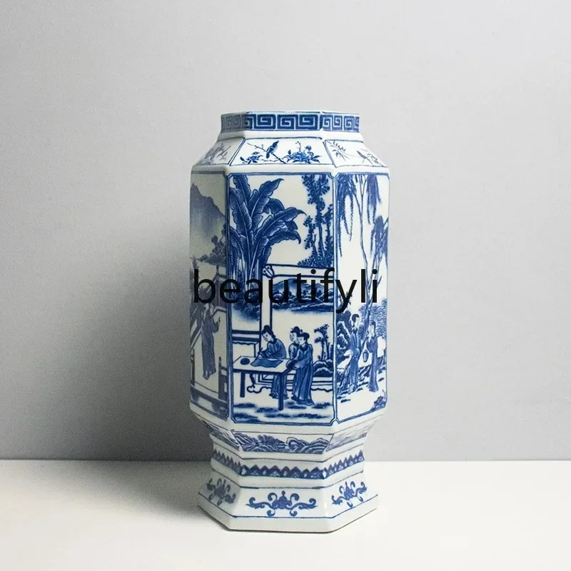 Blue and white figure hexagonal lantern bottle Jingdezhen ceramics Chinese retro entrance soft decoration