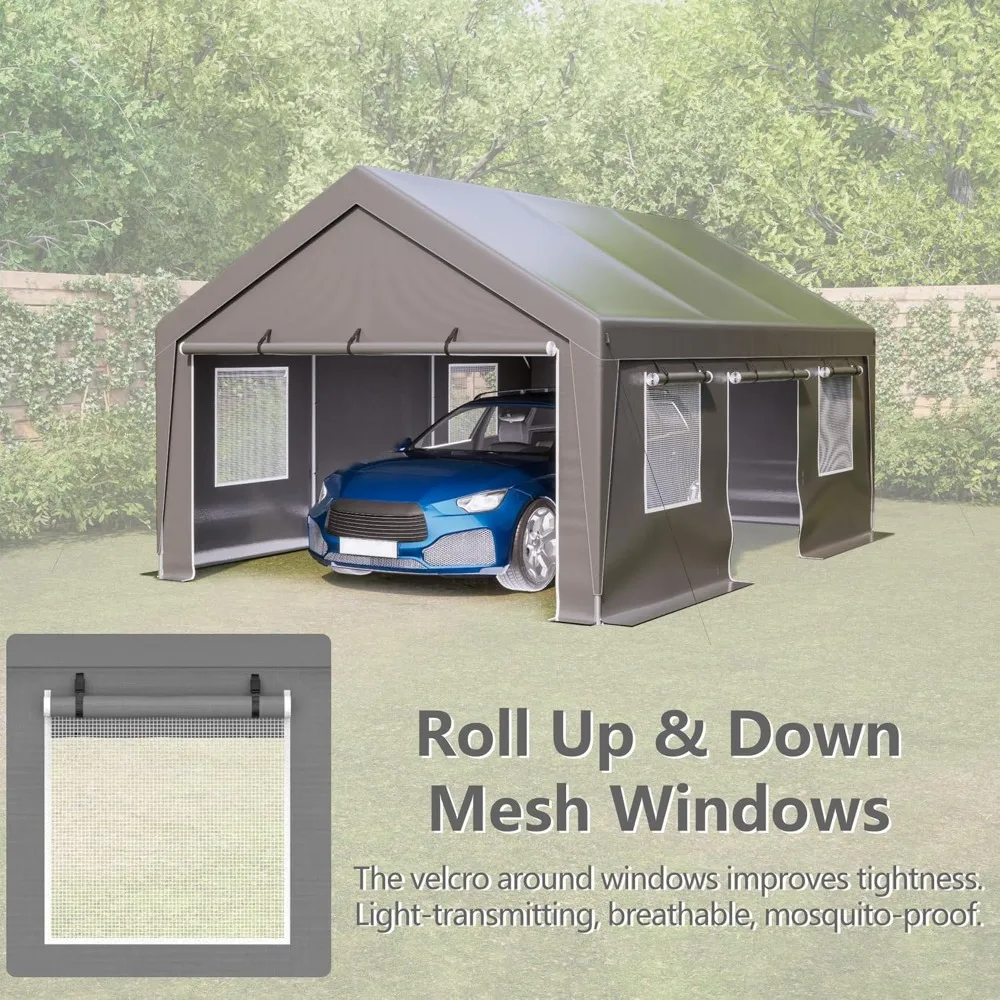 Carport, portable heavy duty garage with mesh windows and removable sidewalls UV resistant and waterproof all-season tarps