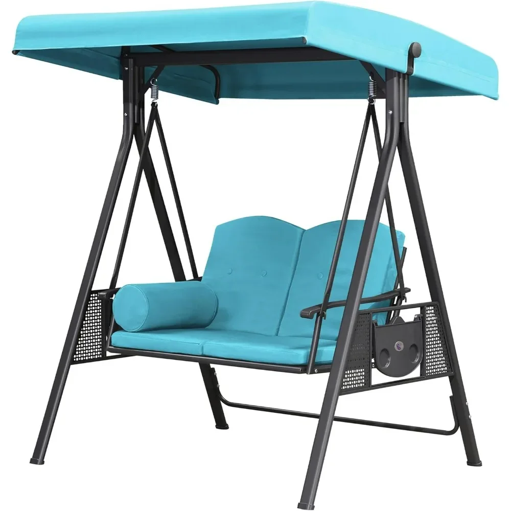 

Outdoor Patio Porch Swing with Stand, Adjustable Tilt Canopy All-Weather Steel Frame, Cushions and Pillow, 3-seat Swing Chair