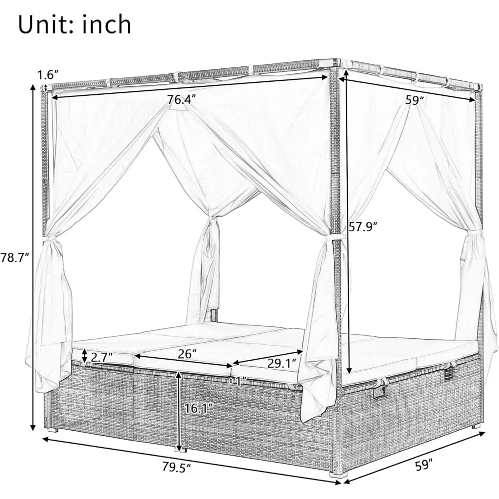 Outdoor Daybed with Curtain Canopy Bed Patio Furniture Adjustable Sunbed Set All-Weather Rattan Sun Lounger Patio Wicker Sofa