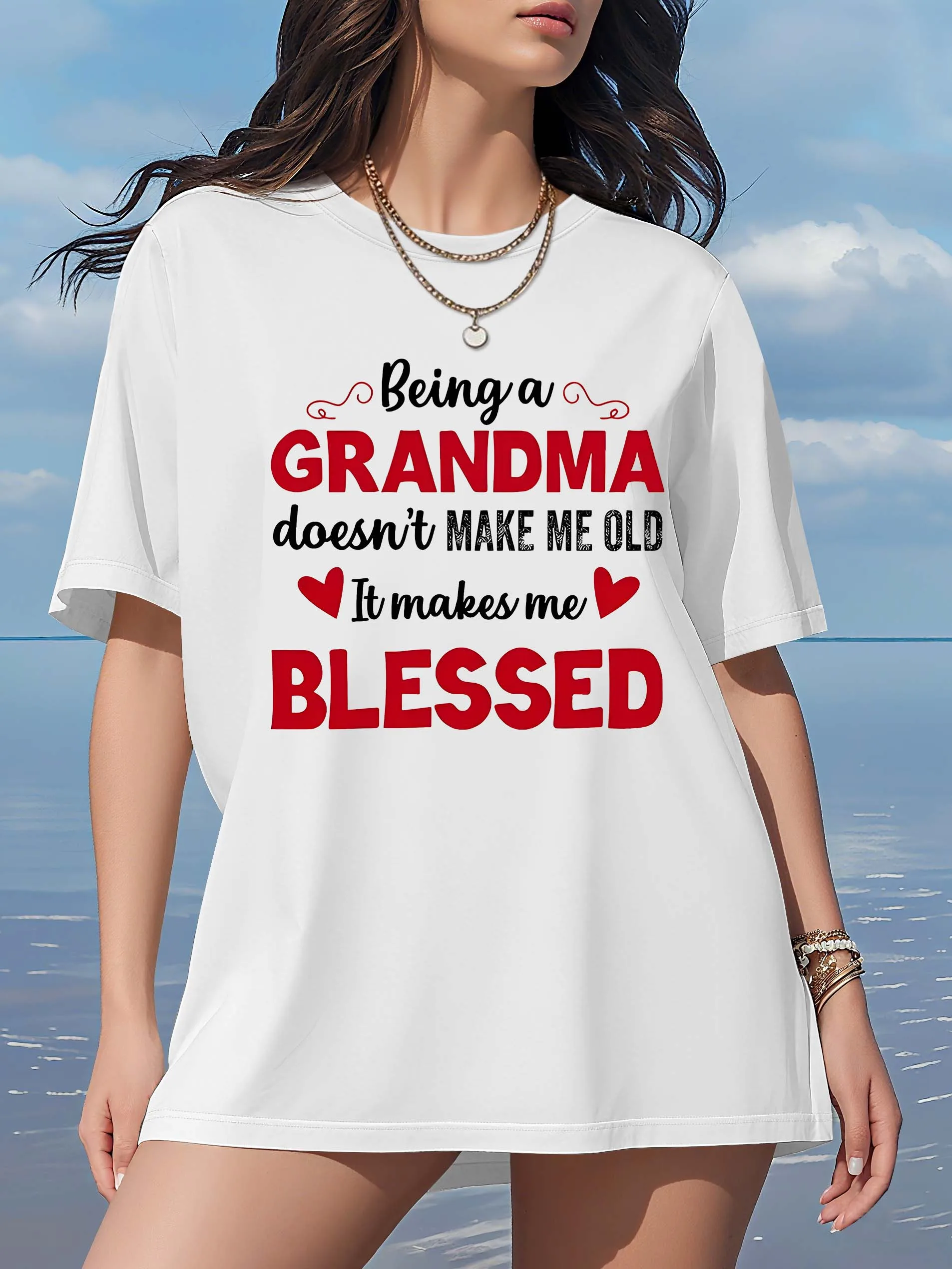 Plus Size Women's White Short Sleeve Tunic, "Being a Grandma..." Inspirational Quote Print, Casual Oversized Top for Daily Wear