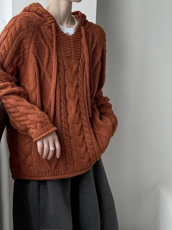 

Вязаный худи большого размера унисекс, осенне-зимний, новый, в стиле ретро, оранжевый, с узором косы, уличный стиль INS