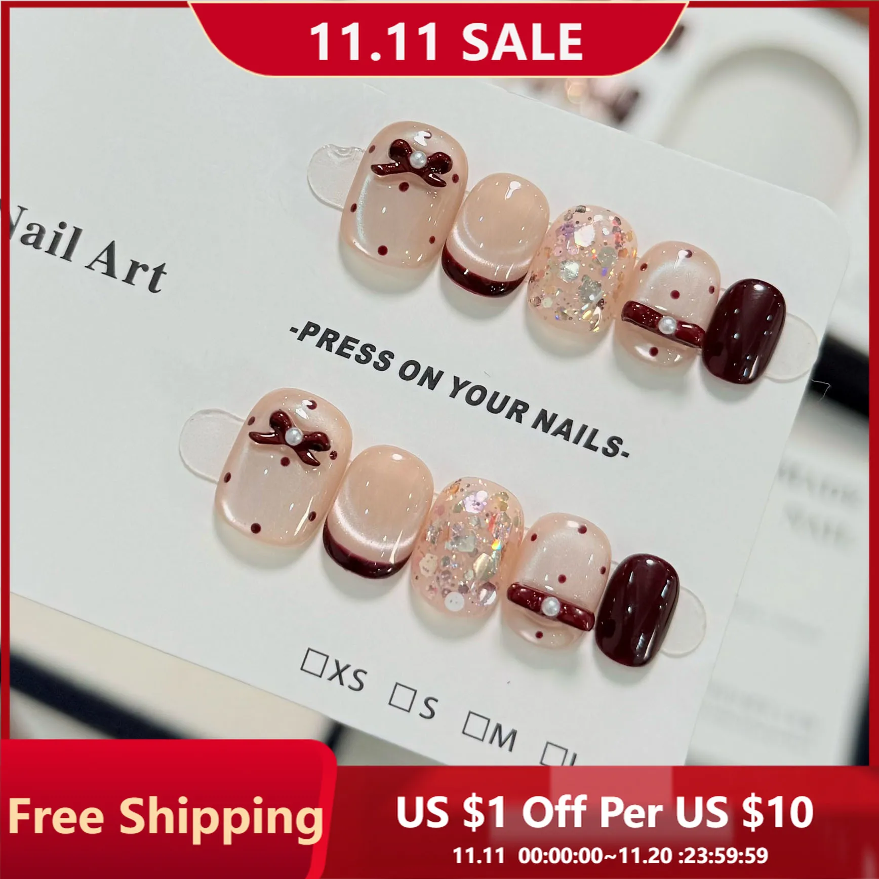 

10pcs Handmade Press on Nails French Polka Dot Cat's Eye Bow Full Coverage Nail Pieces Short Oval Nail Art for Women&Girls Wear
