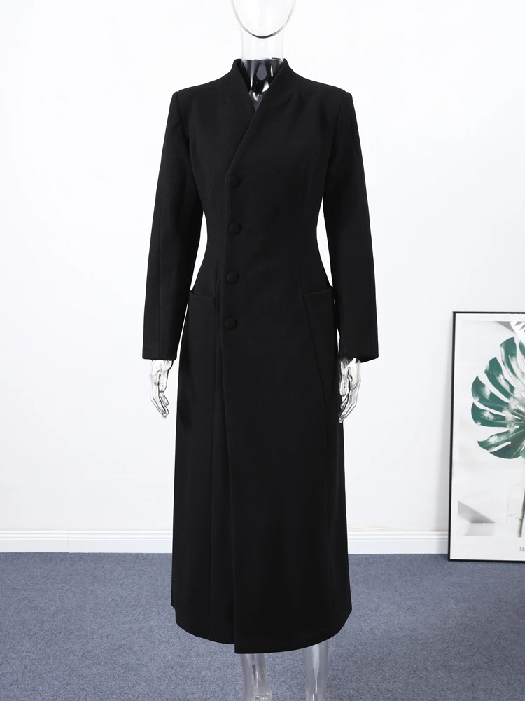 

Элегантные длинные куртки женские однобортные с v-образным вырезом тонкая талия закрытое пальто женские 2025 осень-зима шикарная уличная одежда женская верхняя одежда