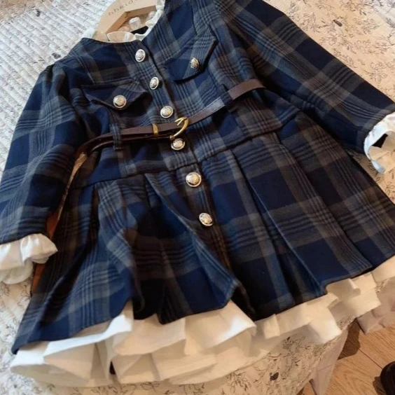 

Girls Skirt 2025 Autumn and Winter New Childrens Clothing Girls Baby Fashion Sweet College Style Sub Dress Belt Simple