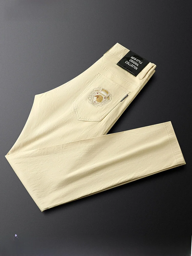 

Khaki Embroidered Casual Pants Men Summer Thin Comfortable Breathable Slim Straight Stitched Trousers Faionable Y...