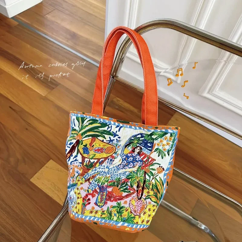 New Fashion Canvas Fabric Women Handbag Special Colorful Artist Design Pattern Top-handle Bag Casual Lunch Tote Bags