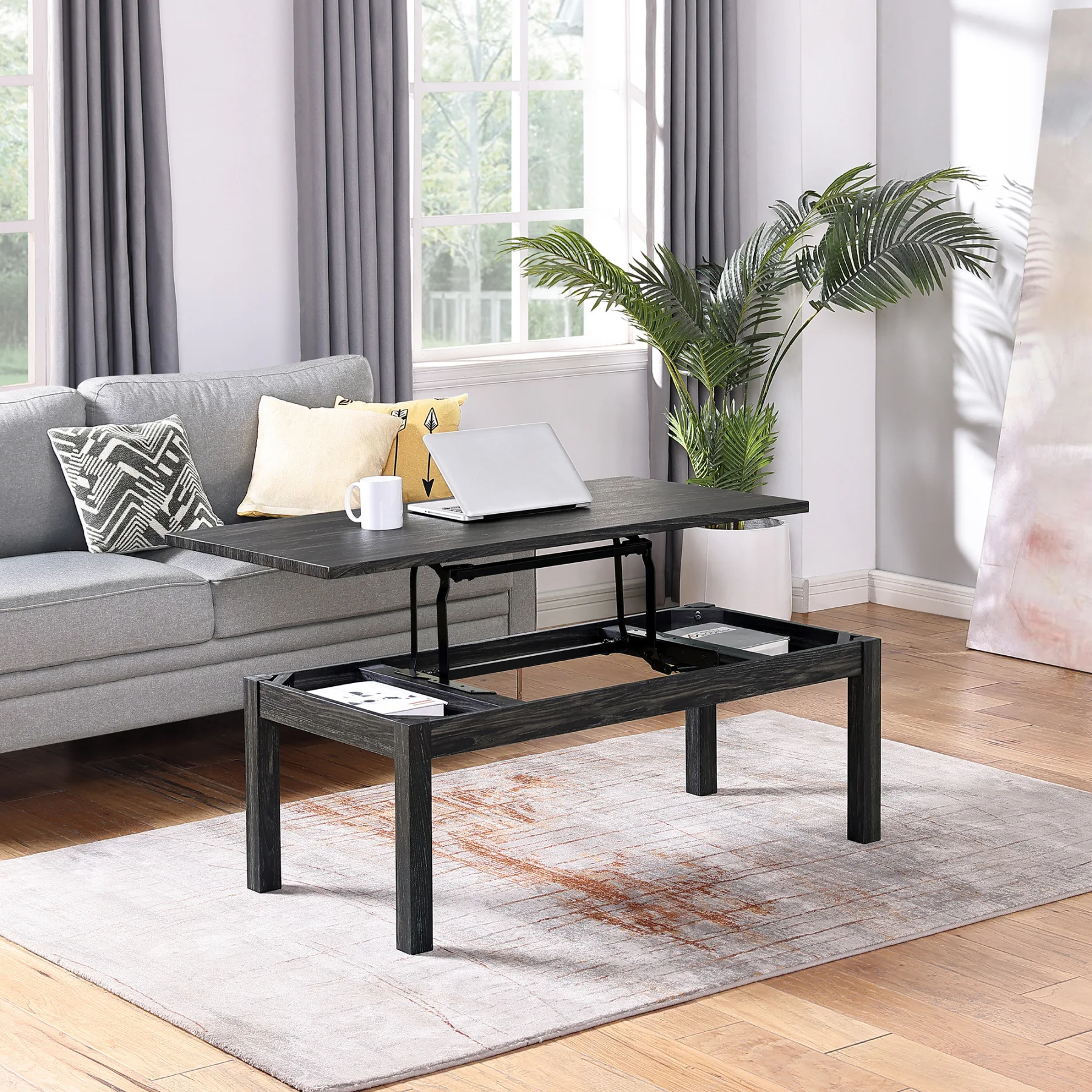 

Lifting coffee table with storage rack and hidden compartment
