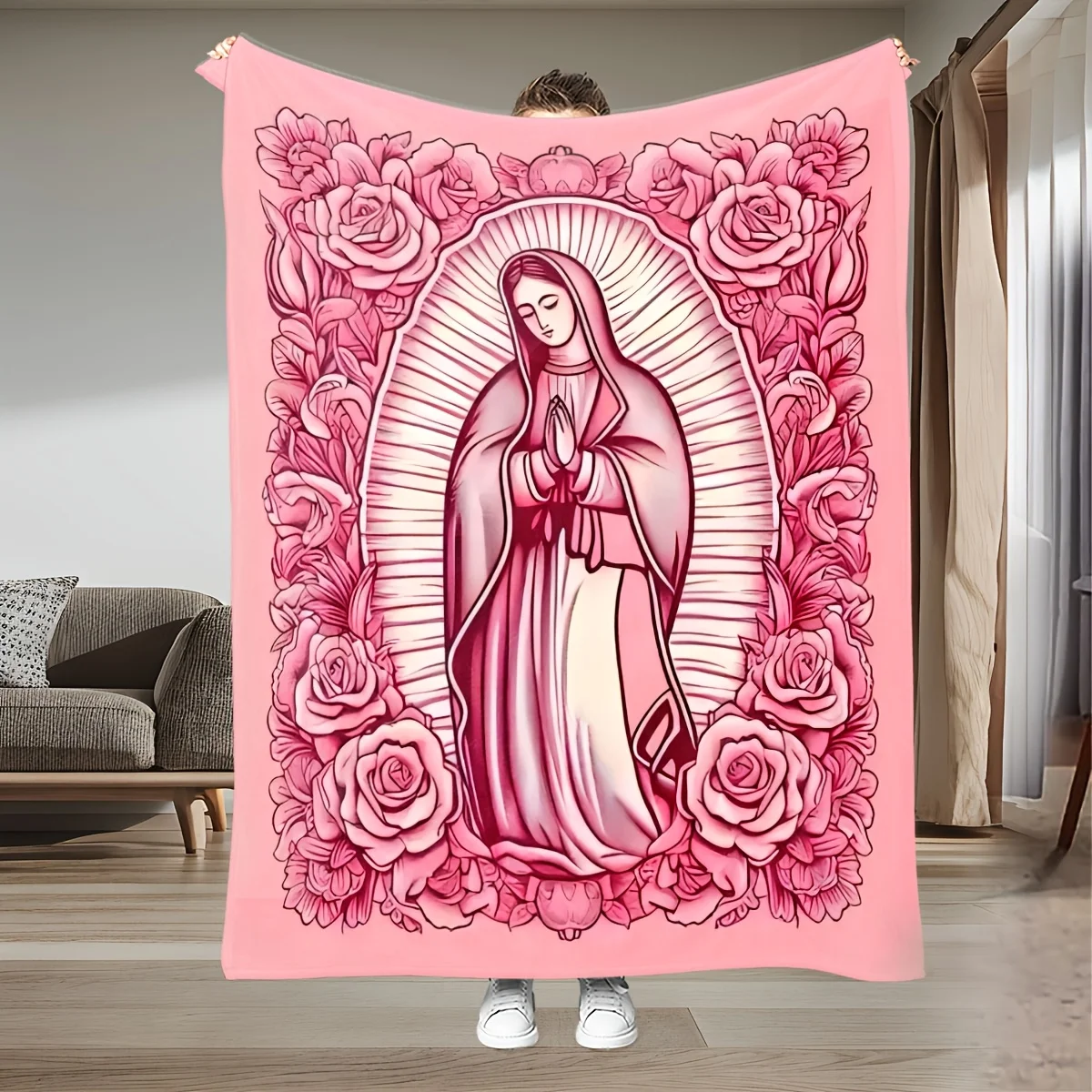 Pink Tone Virgin Mary Rose Floral Frame Print Throw Blanket Sacred Figure Surrounded By Rose Pattern Soft Cozy Lightweight Decor
