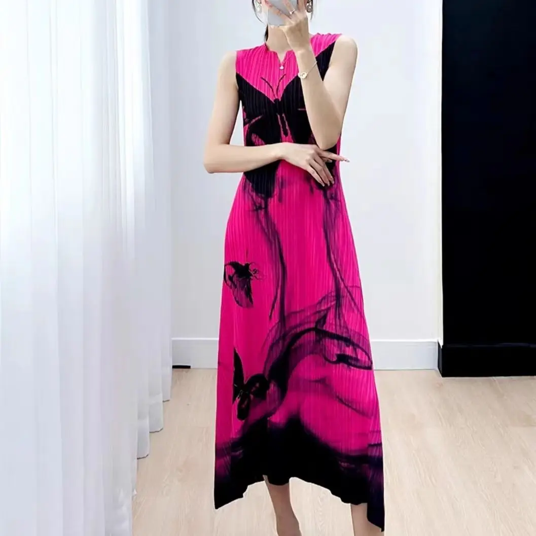 2024 Summer High-end Pleated Butterfly Printing Round Neck Sleeveless Screw Thread Loose Elastic Force Vintage Casual Dresses