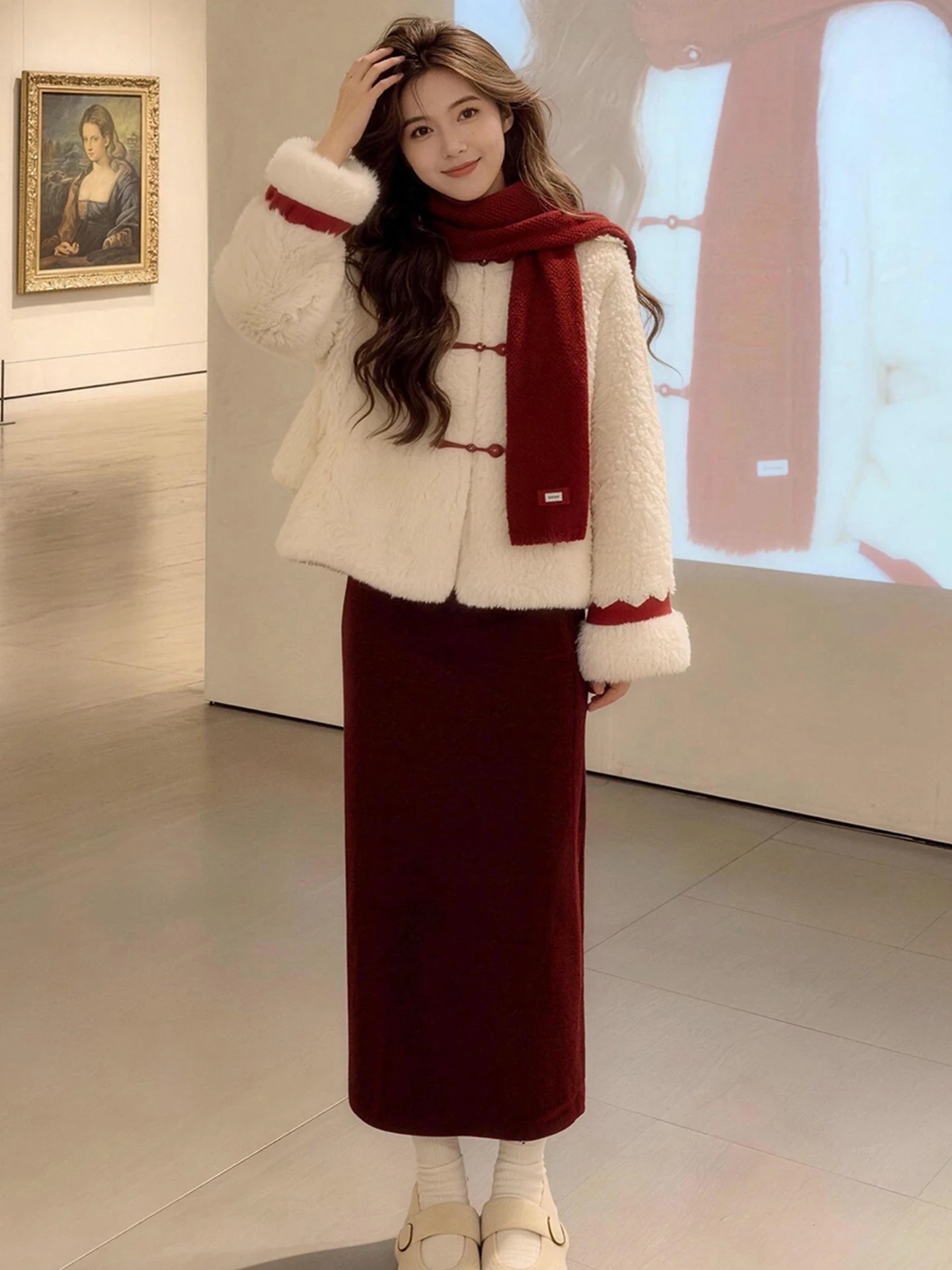 

Новый китайский комплект: красное плюшевое короткое пальто и юбка с высокой талией, женская модная одежда для похудения, повседневная одежда для весны и осени.