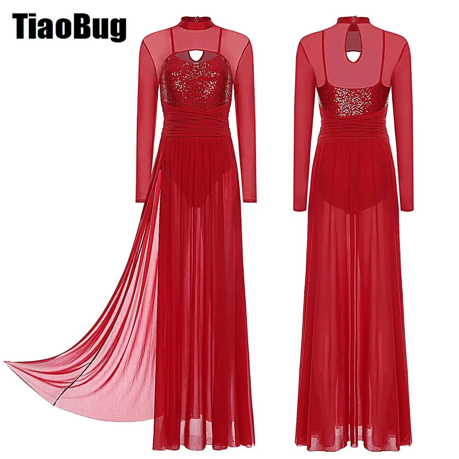 

Women Modern Lyrical Dance Dress Sequin Long Sleeve Mesh Tulle Maxi Long Dress Ballet Gymnastics Contemporary Dancewear Costume