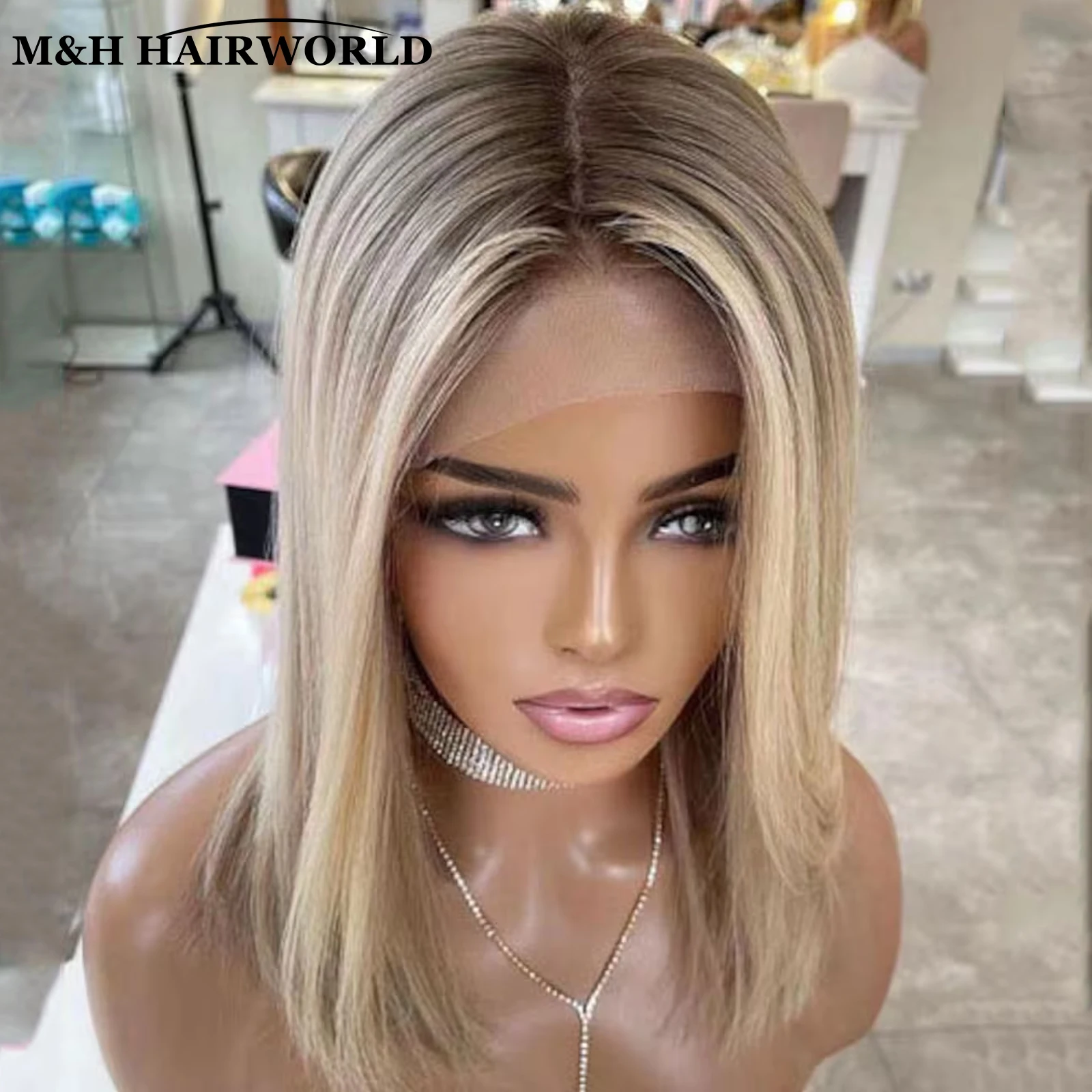 Ombre Wig sorot berwarna pirang 16 inci rambut sintetik Bob lurus pendek Wig renda depan 13x3 Wig renda Frontal untuk wanita