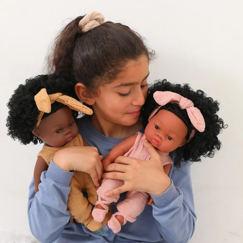 35cm Black Enamel Doll Reborn Doll Soft Rubber Simulation Baby African Doll Doll Children\'s Shower Toy Toys for Girls