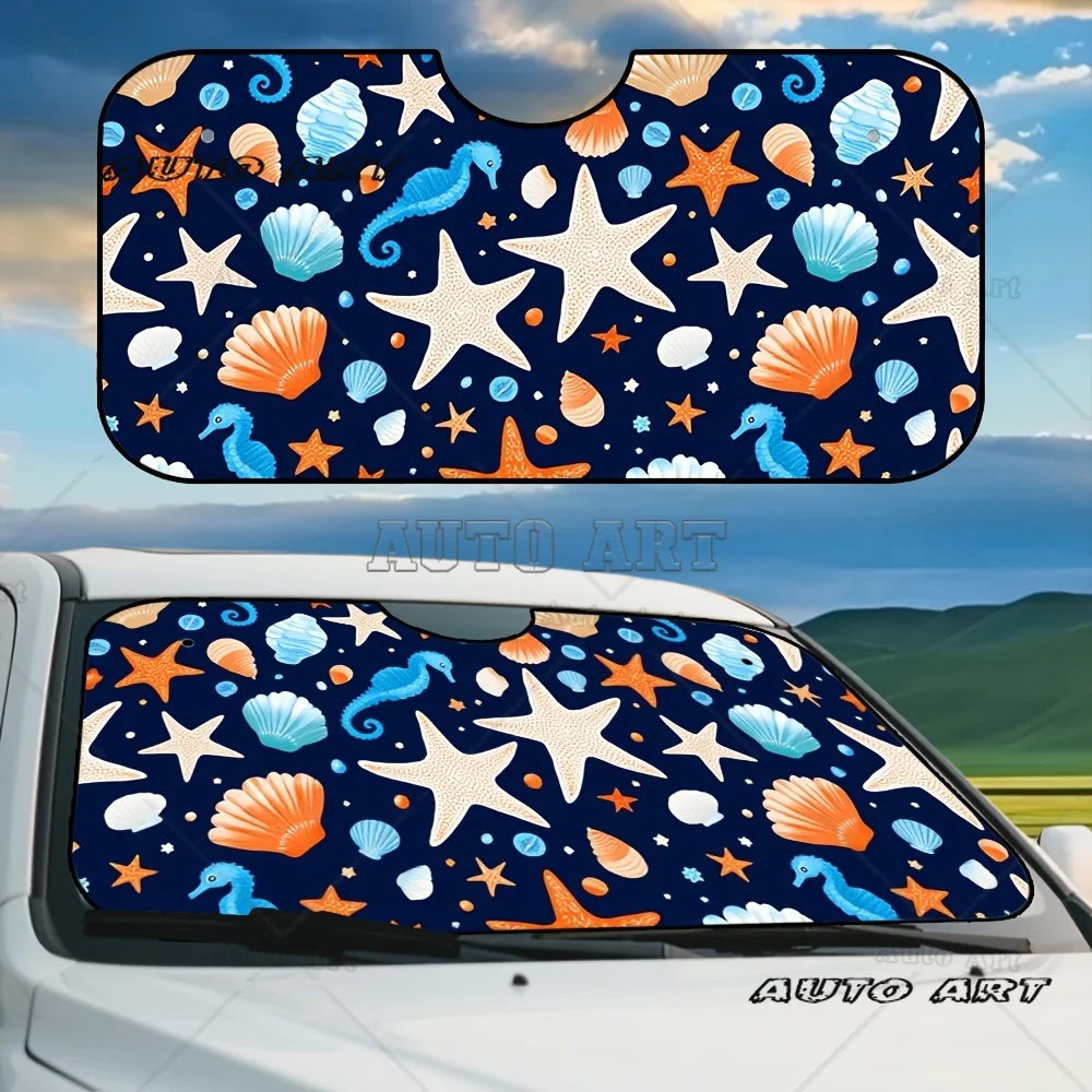 Sea Creature Watercolor Car Sun Visor Seahorse Starfish Shell Design Folding Windshield Shade for Front