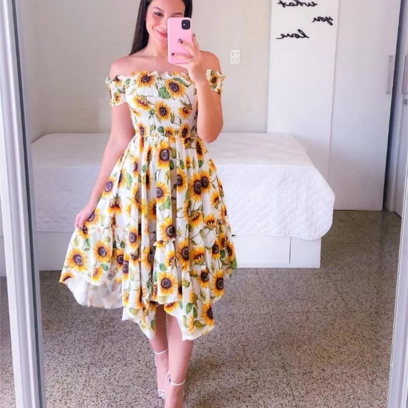 2025 Mode strapless jurk met korte mouwen en print, 6 kleuren