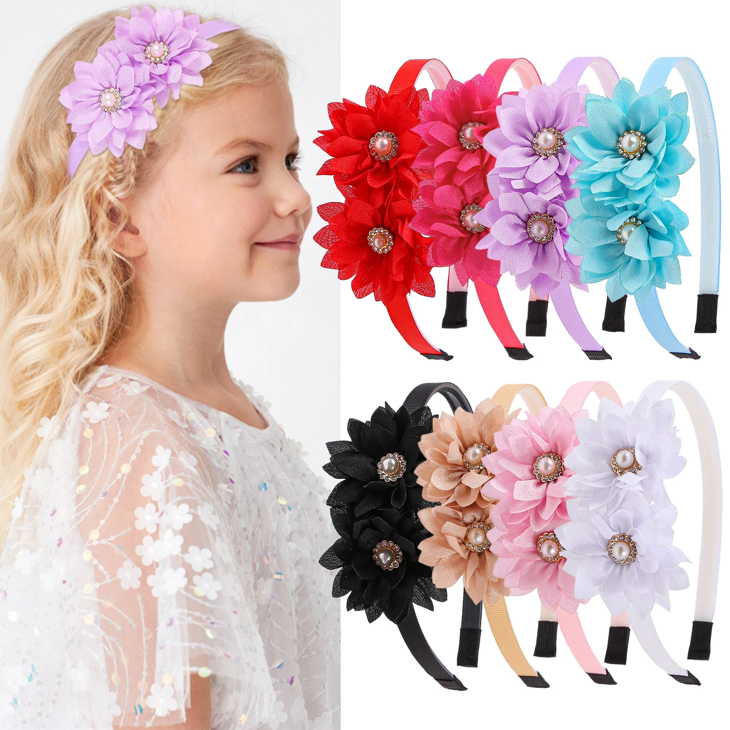 6pcs Chiffon Lotus Leaf Flower Pearl Hair Band With Diamonds For Girls Cute Plastic Teethed Hair Hoops For Kids Hair Accessories
