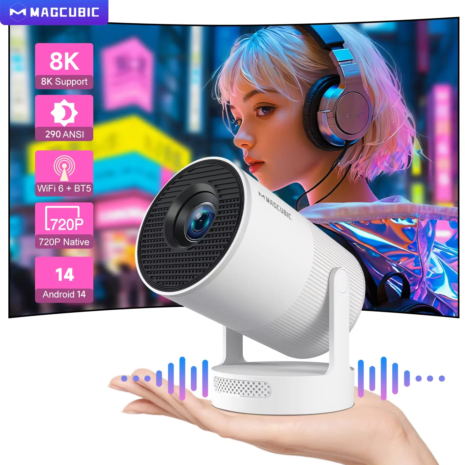 

Портативный проектор Magcubic 8K Android 14 8000 люмен WiFi 6 BT5.4 Уличный кинотеатр 5 Вт Hi-Fi динамик 720P HD с поддержкой HY300 Pro+
