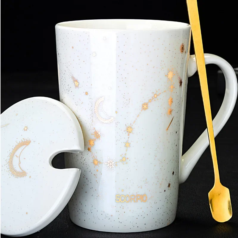 Zodiac Ouro Céu Estrelado Caneca de Porcelana com Tampa Colher Canecas Cerâmicas, 12 Constelações, Copos Criativos, Leite e Copo de Café, 1PC