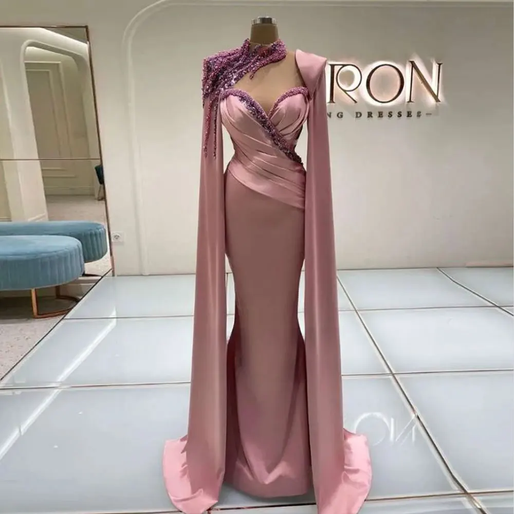 Dark Pink Mermaid Evening Dresses Women Halter Sweetheart Neck Shawl Sleeves Formal Occasion Party Gown Satin Beaded Prom Dress