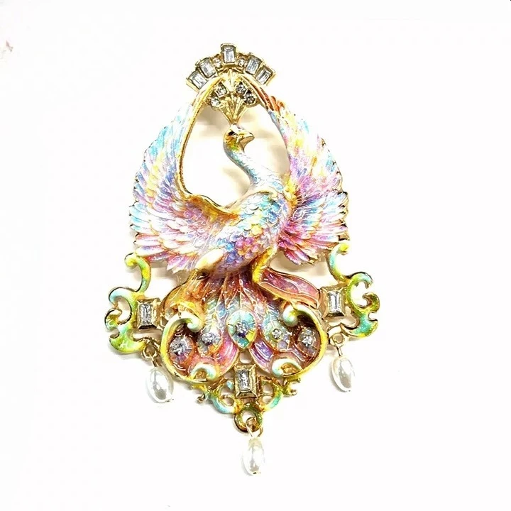 Vintage Enamel Peacock Phoenix Brooch Crystal Pearl Drop Ornate Bird Pin Jewelry Gift - view 5