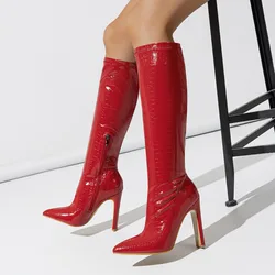 Sexy Women Biker Boots Winter New Side Zipper Fashion Stripper Stretch Knee High Boots Pointed Toe Plaid High Heels Party Botas