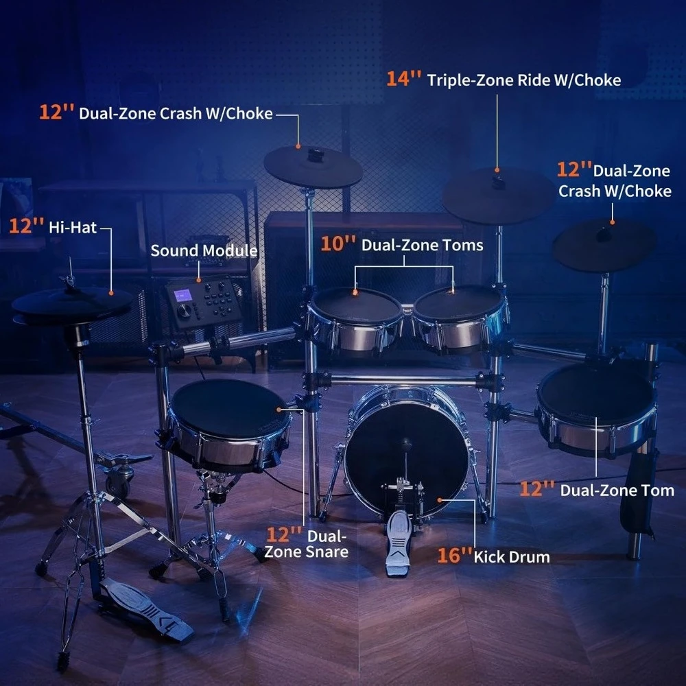 

Электронная ударная установка в акустическом стиле: 16-дюймовый деревянный бас-барабан, 12-дюймовые сетчатые пэды для малого барабана, тройная зона для римейкера, автономный хай-гат, USB
