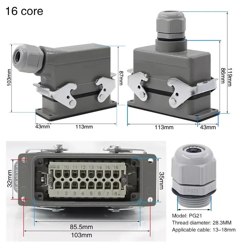 Rectangular Heavy Duty Connector HDC-H1-HE-016 16 Pins 16A 500V Screw Feet of Aviation Plug on the Side