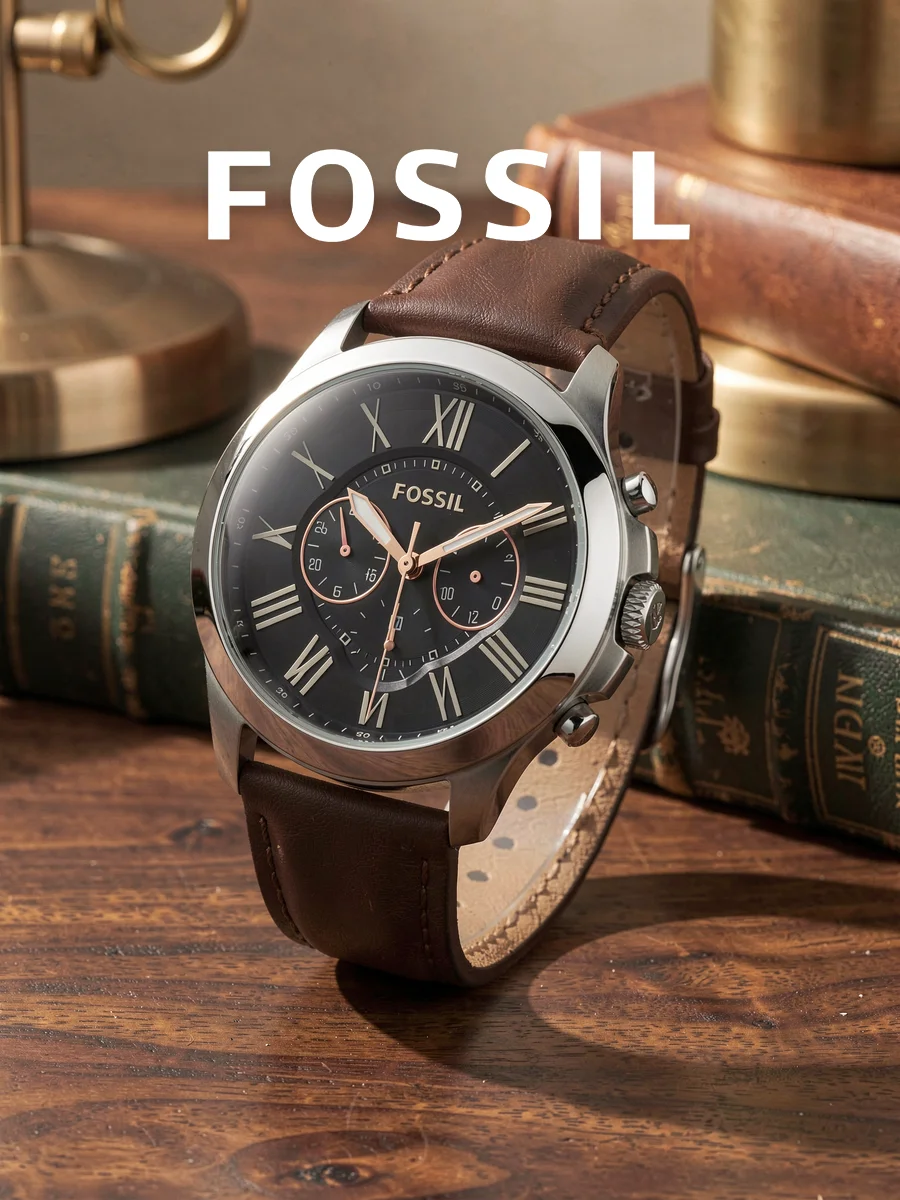 FOSSIL FS4813 Men's Chronograph Quartz Watch Silver Case Black Roman Dial Brown Leather Strap Business Casual Mens Wristwatch