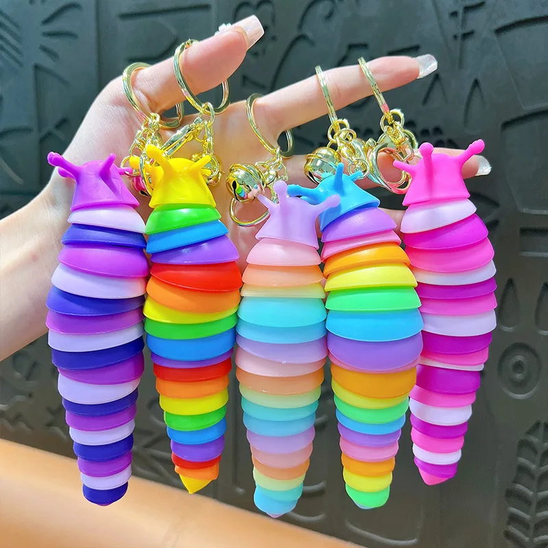 Cute Fidget Slug Keychain Toys 3D Articulated Stretch Caterpillar Sensory Stress Relief Flexible Keyring Bag Phone Pendent Charm