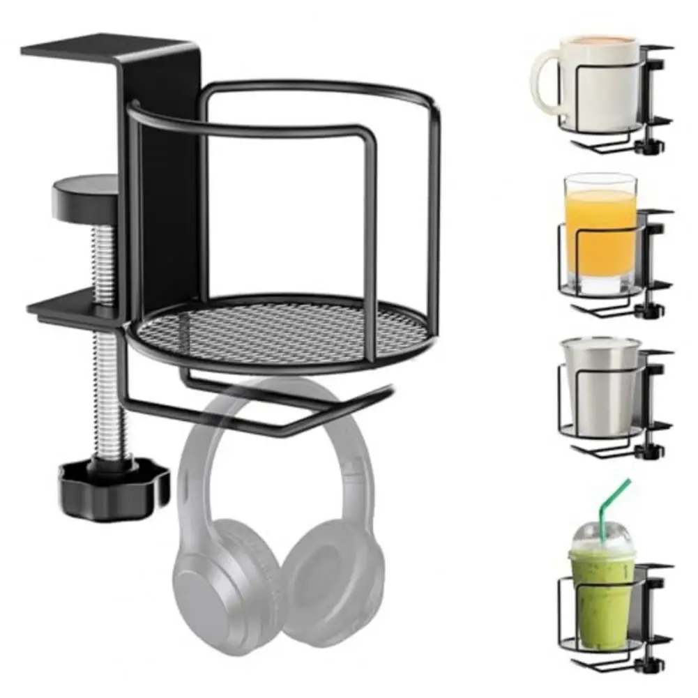 

Tool-Free Clamp on Desk Cup Holder with Headphone Hanger Stainless Steel Anti-Fall Anti-Spill 360° Rotation for Office Home