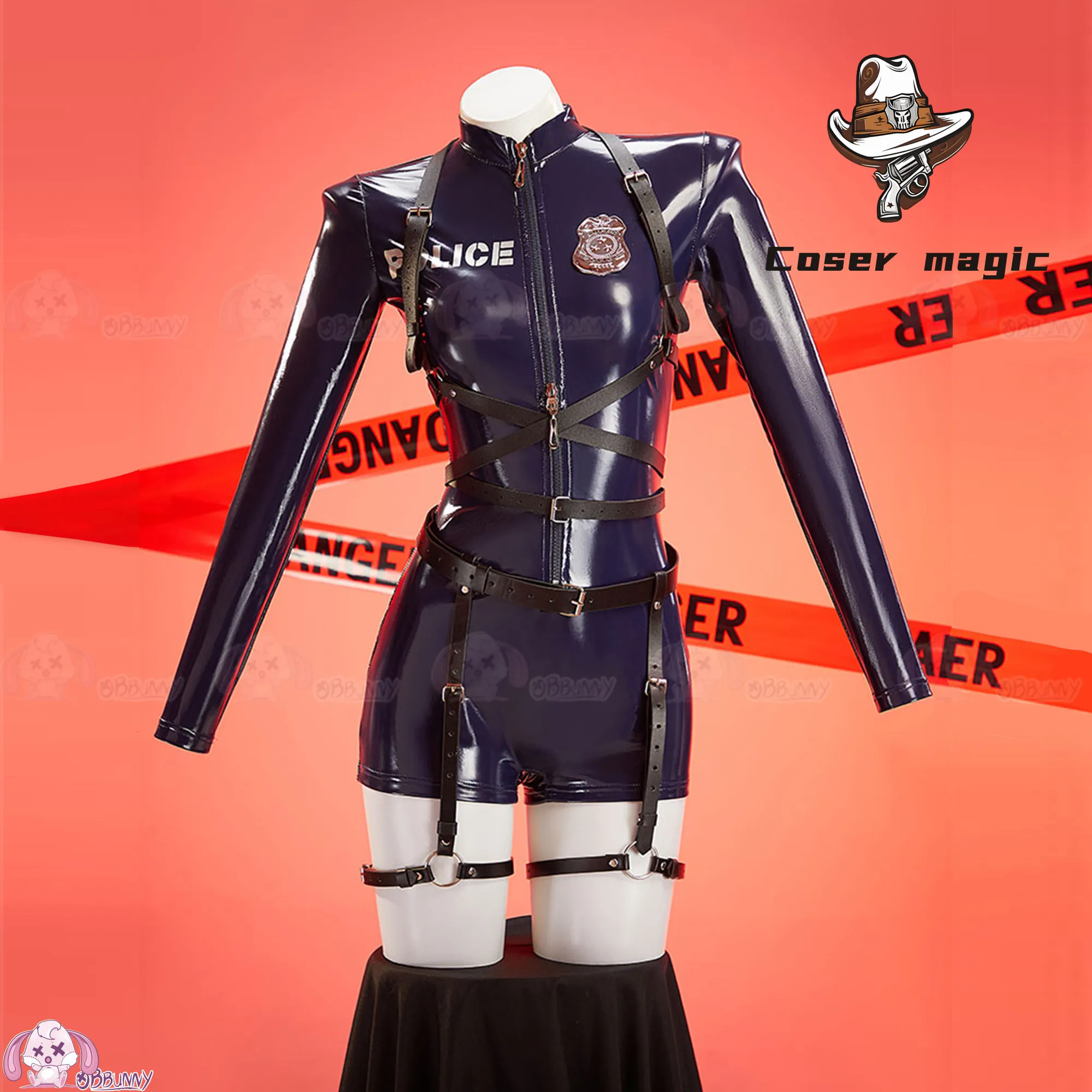 

Gemini Female Police Officer Tight Jumpsuit PU Leather Black/Blue Police Cosplay Costume