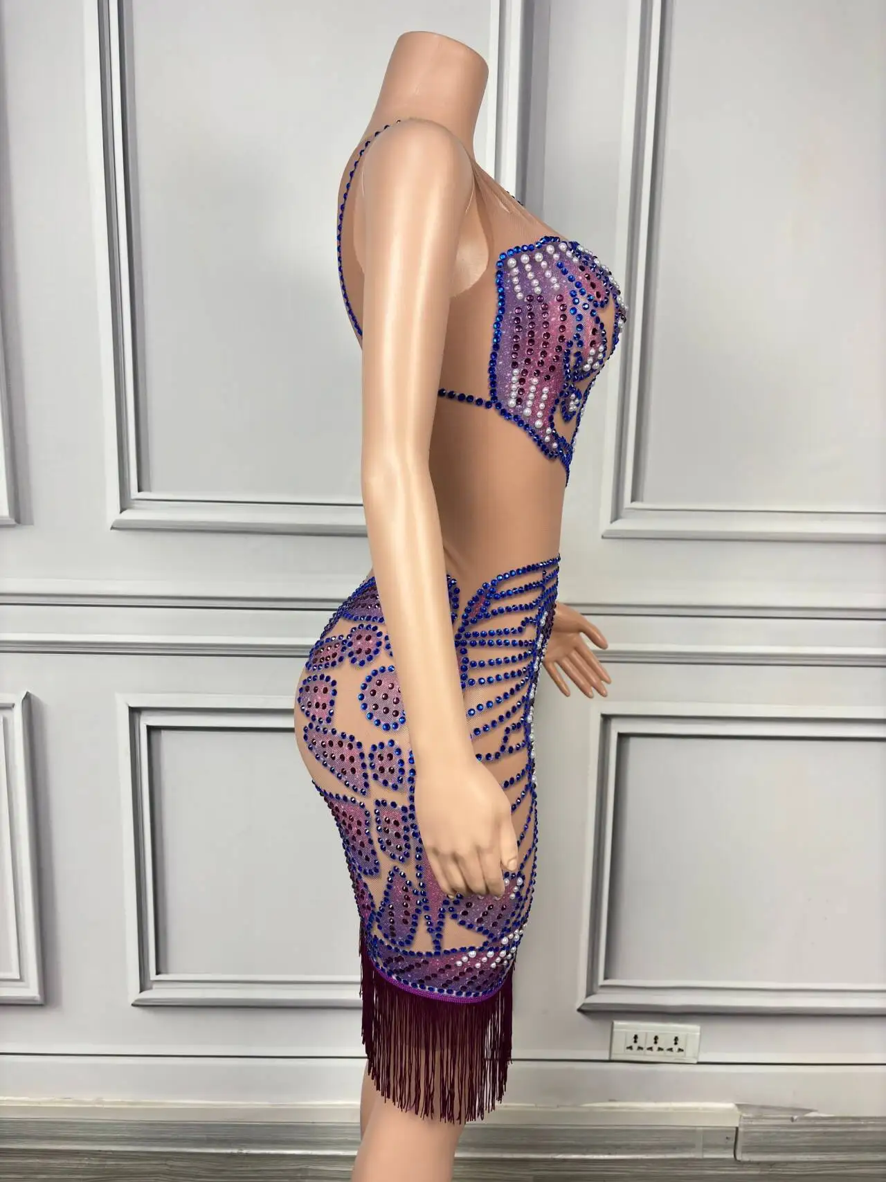 우아한 생일 보라색 이브닝 드레스 고고 축제 파티 축하 복장 라인 석 프린지 드레스 가수 무대 착용 yj210