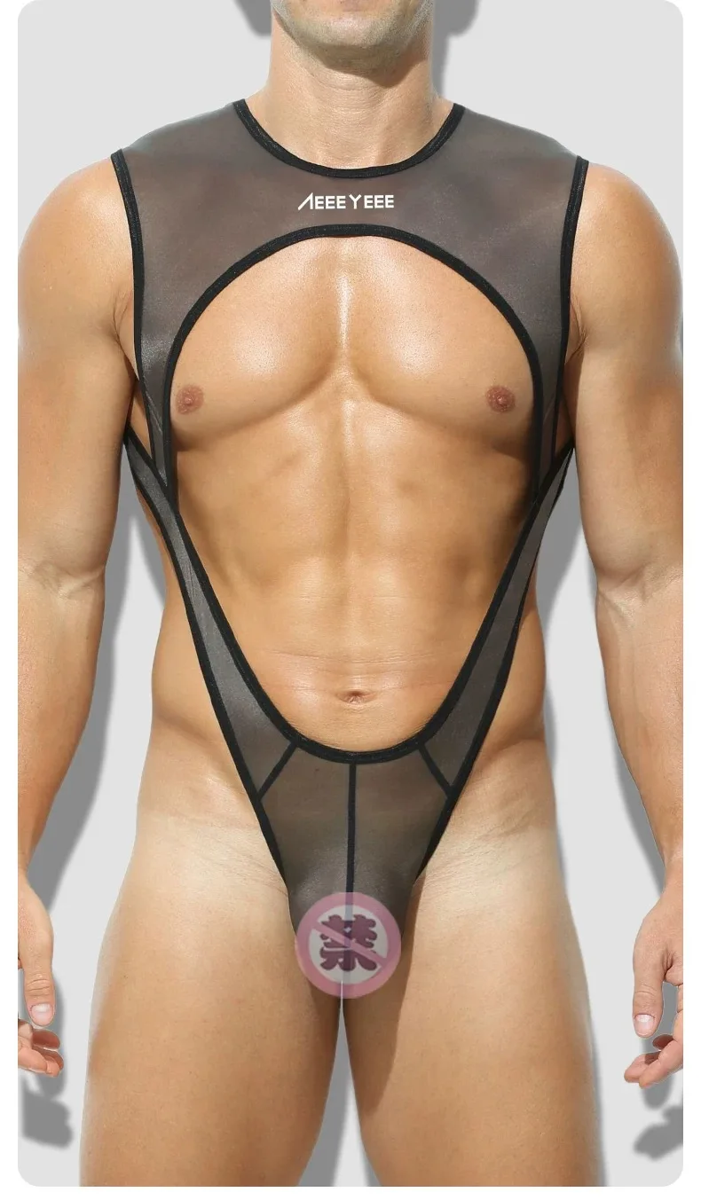 Unique Black White Bodysuit Hot jumpsuit ultra-thin transparent tight boxer shorts ice silk men's I-shaped vest chest shapewear