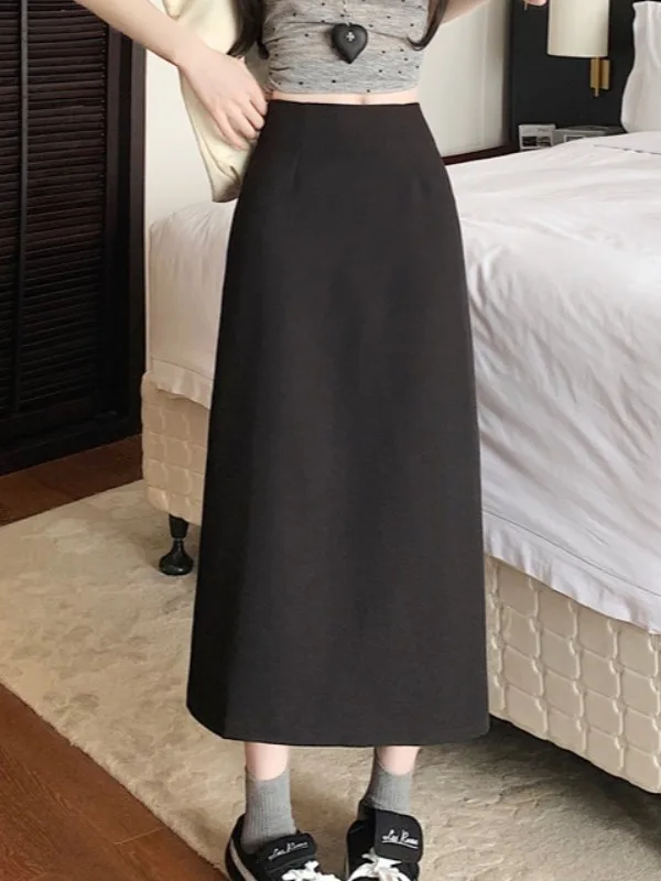 Spódnica midi khaki z wysokim stanem, prostymi nogawkami, wyszczuplająca, z rozcięciem, w kształcie litery A, damska, jesienno-zimowa, nowa, elegancka, do biura, do pracy.