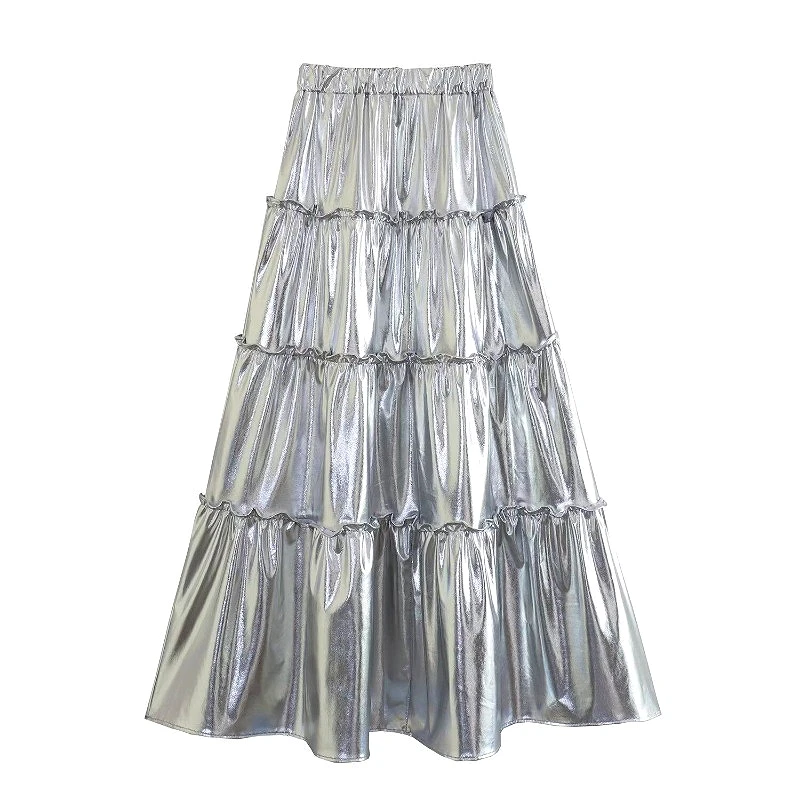 Fashion Long Cake Skirts Girls Glossy High Waist Skirt Metal Style Streetwear Elastic Women's Clothing Dress Silver Vestidos
