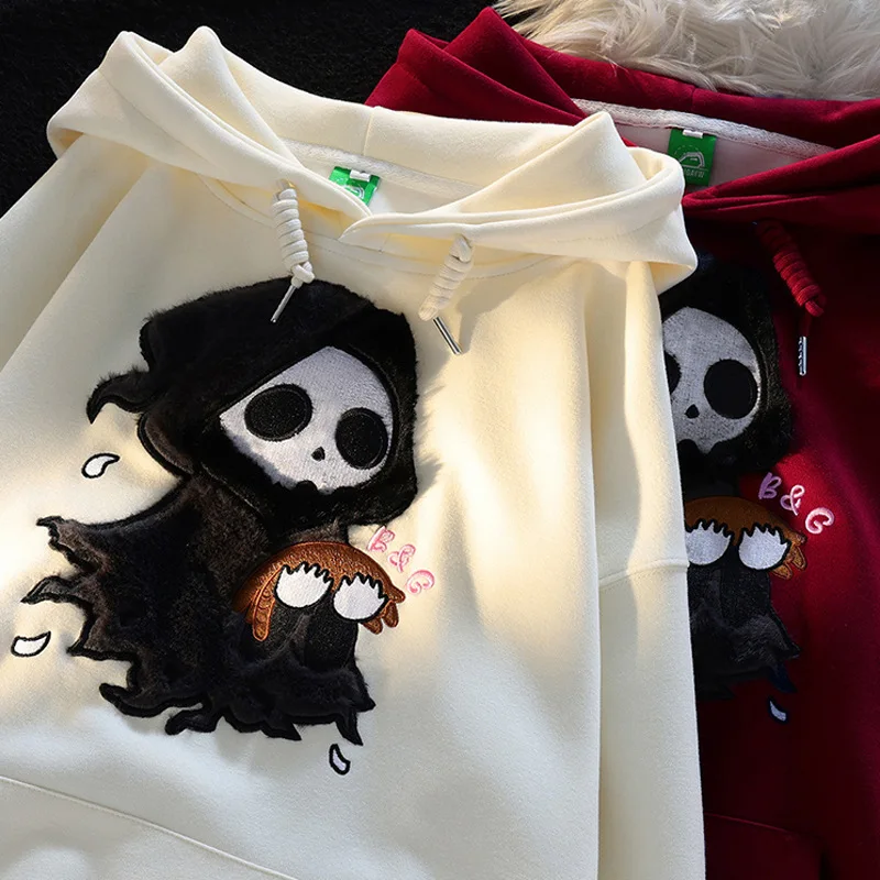 2024 Autumn Halloween Clothes Embroidery Little Ghost Plus Fleece Hoodie Women\'s Winter Thick Lazy Loose Sweatshirt Couple Wear