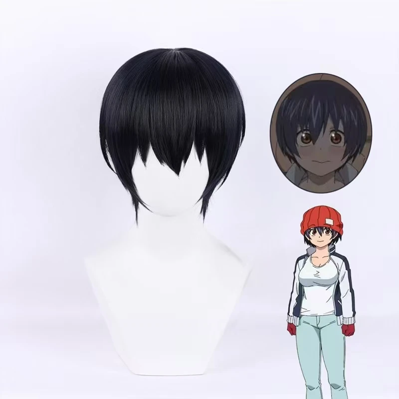Anime Undying Misfortune Takizawa Fuko Cosplay Wig Black Short Hair with Rose Net Heat-Resistant Synthetic Fiber