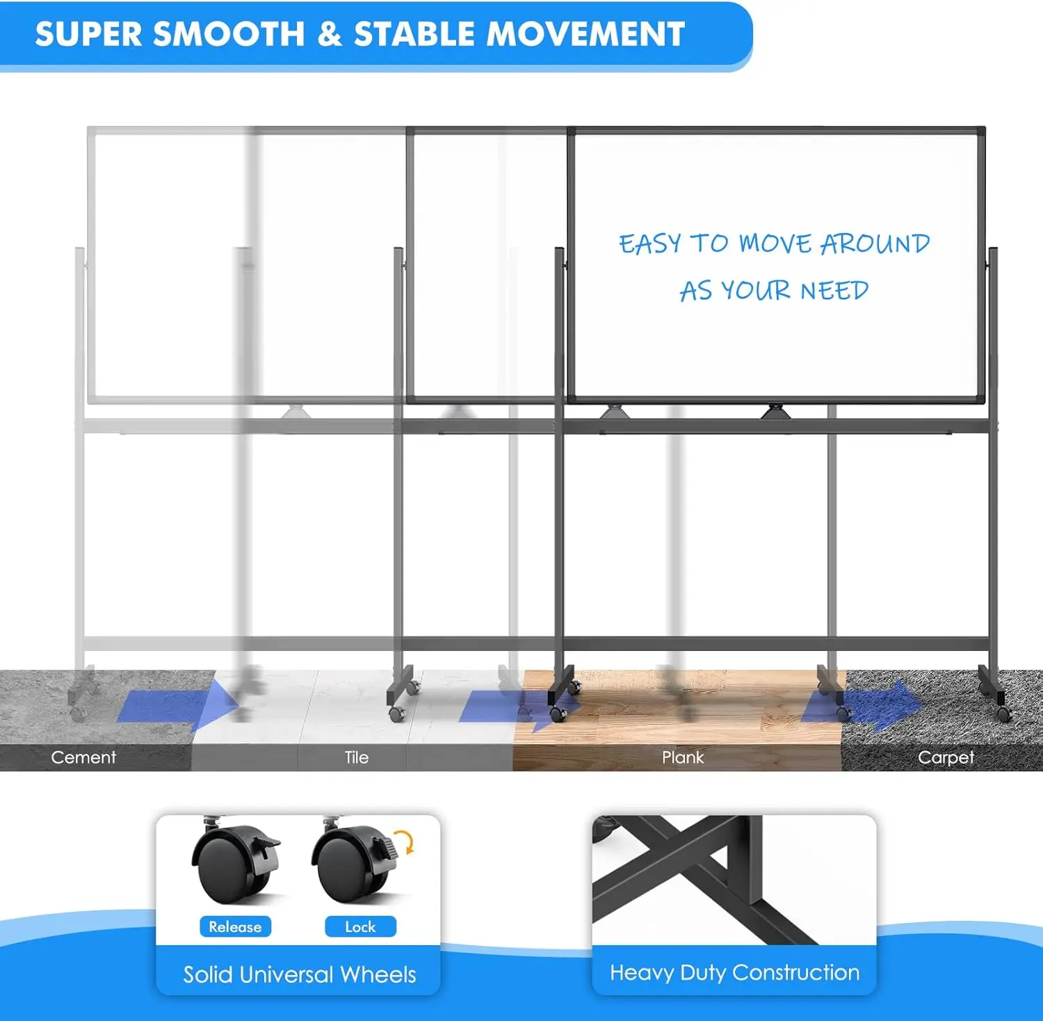 롤링 화이트보드 48 x 32, 양면 이동식 화이트보드, 대형 휴대용 자석 화이트보드 스탠드 포함 - 핫 세일
