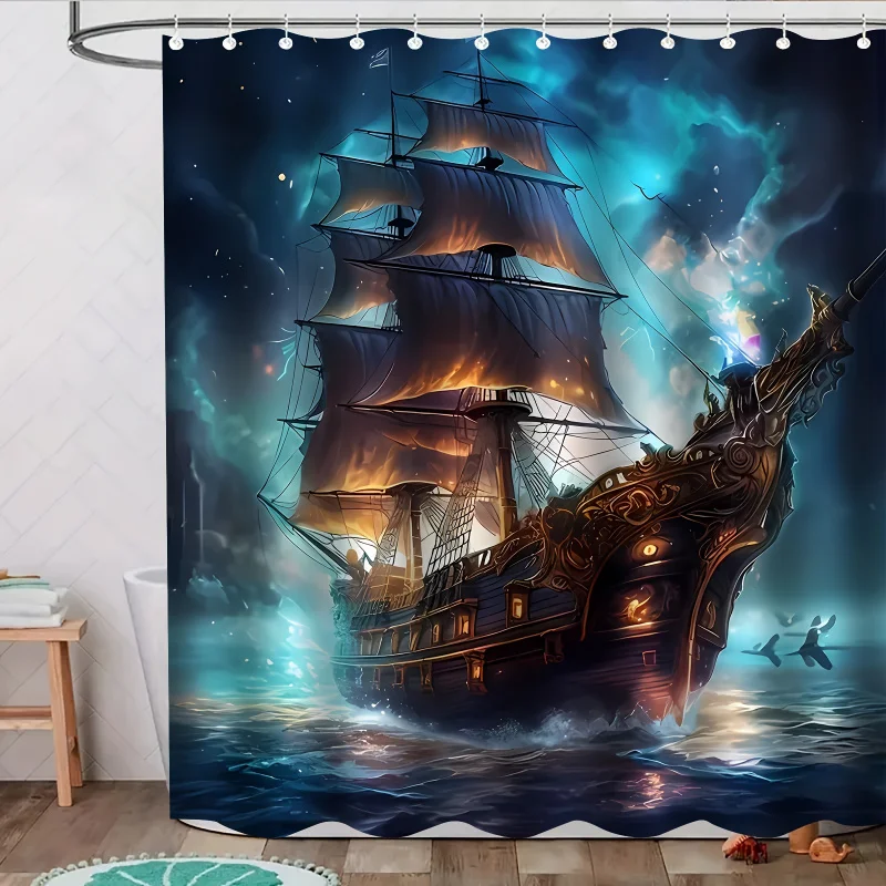 1pc Nautical Pirate Ship Shower Curtain, 182.88x182.88 Cm, Waterproof Polyester Fabric With 12 Hooks, Machine Washable, Bathroom