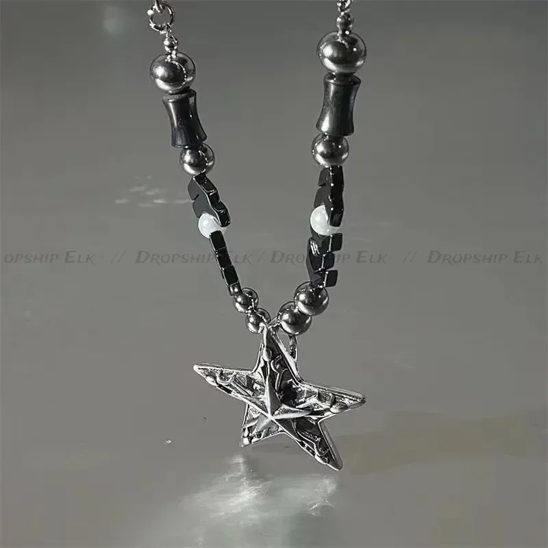 Kpop 고딕 스타 펜던트 블랙 비즈 목걸이 여성 남성 펑크 패션 단순 남여 Y2K 매력 초커 칼라 체인 쥬얼리