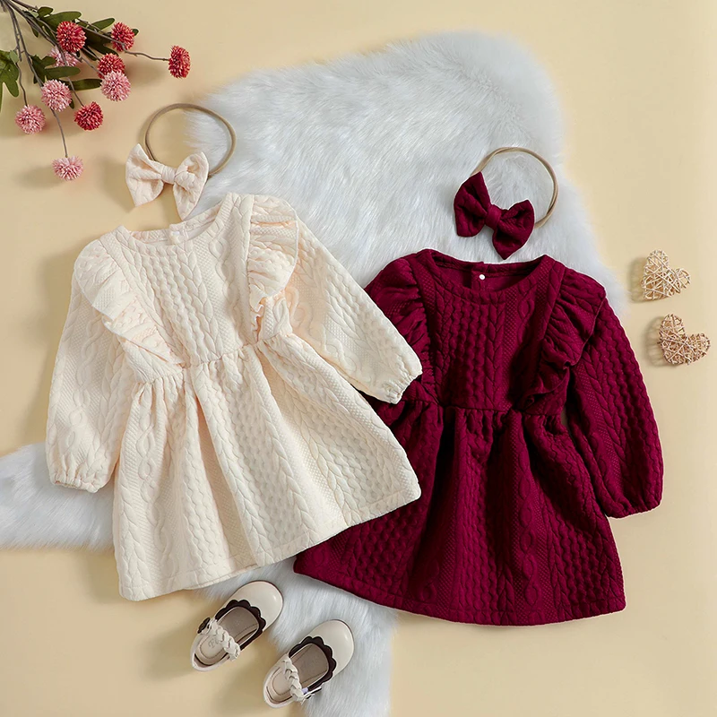 Baby Girl Knit Dress Long Sleeves Sweater Dress Toddler Fall Winter Outfits with Bowtie 6M-4Y Kids Girl Autumn Clothes