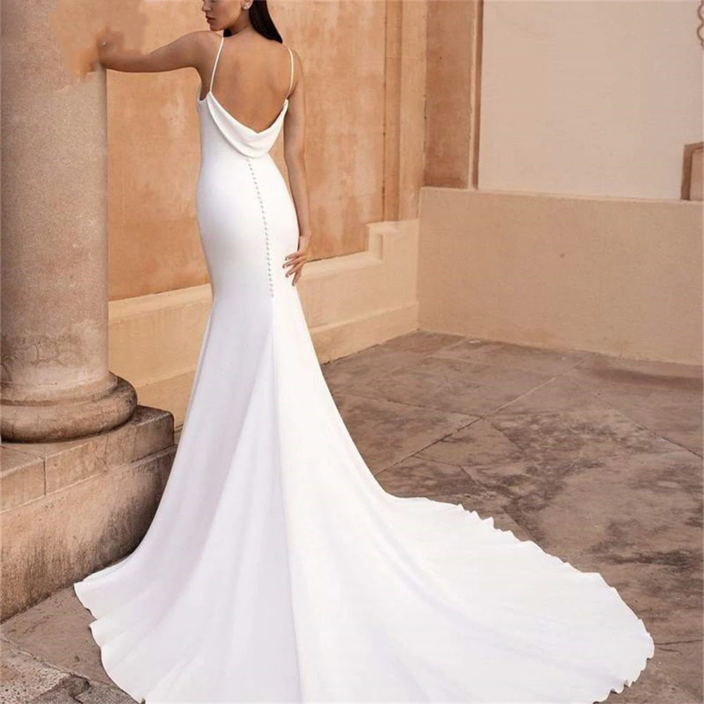 

2022 Sexy Cowl Neck Mermaid Wedding Dress Simple Spaghetti Strap Backless Stain Bridal Gown Vestidos De Noiva Mariage